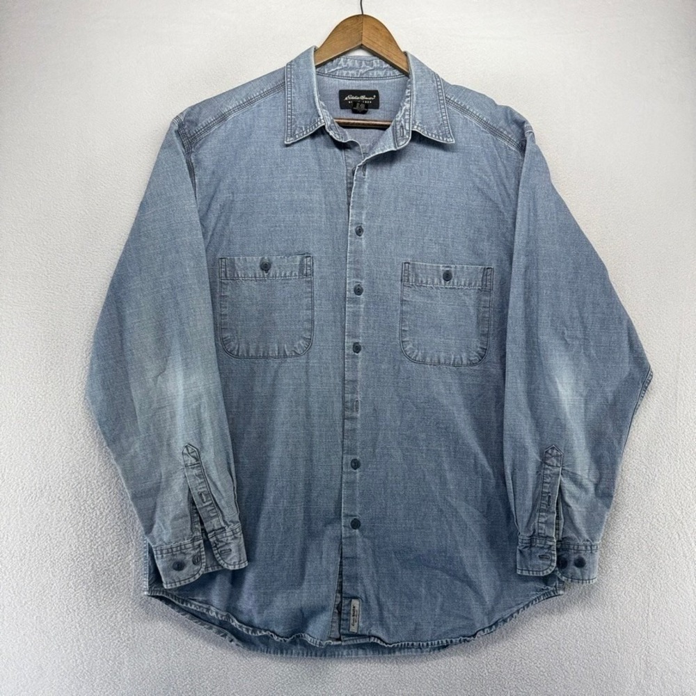 Vintage Eddie Bauer Denim Shirt Mens Large Tall Blue Work Chambray Button Faded